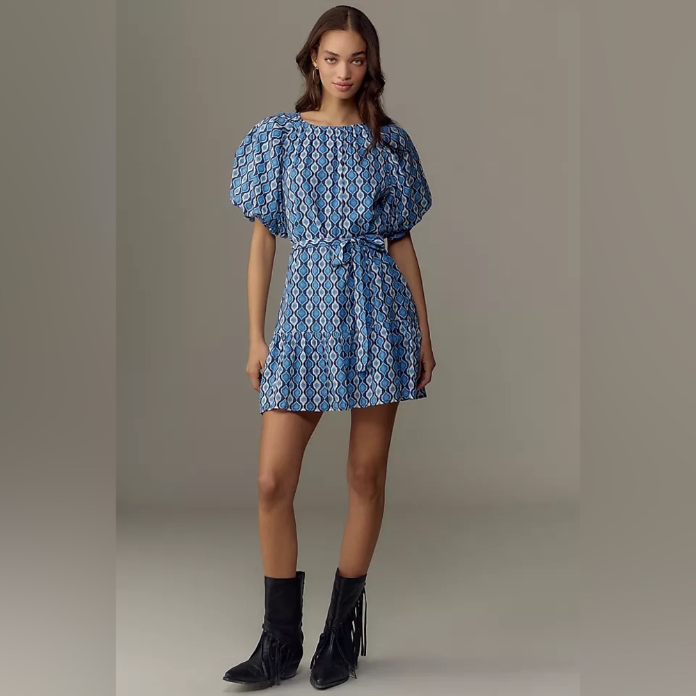 Blue Puffer Sleeve Mini Dress - Picture 2 of 7